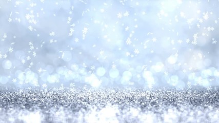Wall Mural - Silver gray glimmered seamless loop abstract Christmas motion background with falling snowflakes . Looped 4K motion graphic.