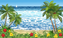 Seaside Landscape With Palms And Tropical Flowers On Beach And Stormy Sea Waves With Foam, Vector Illustration.