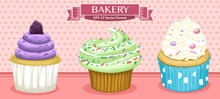 Vector Illustration Of Colorful Sweet Desserts, Cupcakes, Muffins, Little Cakes In Confectionery Or Bakery