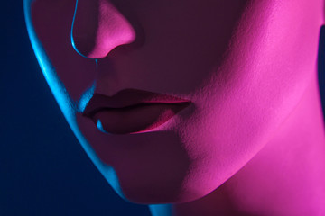Poster - The nose and lips of the dummy. Part of face. Female robot. A woman's face in neon light. Artificial person. Cyberwoman. Plastic dummy. Doll