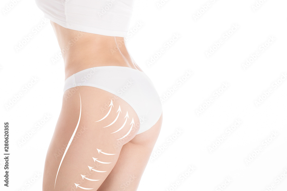 Woman attractive fit body and butt in base underwear. Lifting marking with arrows in female buttocks and hips, isolated on white - obrazy, fototapety, plakaty 
