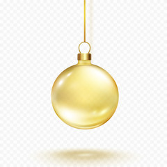 Christmas ball with ribbon isolated on transparent background. Gold xmas tree toy. Vector golden glass bauble template.