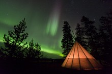 Illuminated, Lit Teepee, Tipi, Tepee, Northern Polar Lights, Aurora Borealis, Green, Near Whitehorse, Yukon Territory, Canada, North America