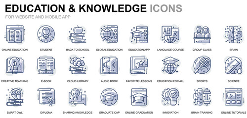 Poster - Simple Set Education and Knowledge Line Icons for Website and Mobile Apps. Contains such Icons as Studying, School, Graduation, E-Book. Conceptual color line icon. Vector pictogram pack.