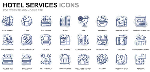 Leinwandbilder - Simple Set Hotel Service Line Icons for Website and Mobile Apps. Contains such Icons as Restaurant, Room Services, Reception. Conceptual color line icon. Vector pictogram pack.