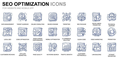 Leinwandbilder - Simple Set Seo and Web Optimization Line Icons for Website and Mobile Apps. Contains such Icons as Target, Marketing, Traffic Growth. Conceptual color line icon. Vector pictogram pack.