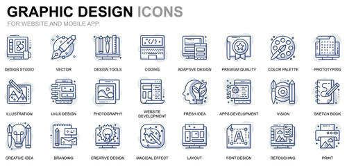 Simple Set Web and Graphic Design Line Icons for Website and Mobile Apps. Contains such Icons as Studio, Tools, App Development, Retouching. Conceptual color line icon. Vector pictogram pack.