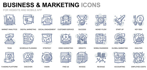 Wall Mural - Simple Set Business and Marketing Line Icons for Website and Mobile Apps. Contains such Icons as Vision, Mission, Planning, Market. Conceptual color line icon. Vector pictogram pack.