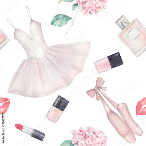 Vintage print with hortensia flowers, hortensia branches and pointe shoes. Wa...
