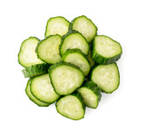 Fototapeta  - Pile of sliced cucumber on a white background. The view of the top.