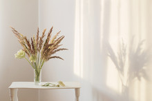 Wild Grass Plants In Glass Vase In Sunlight In White Interior