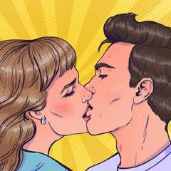 Wall Mural - Romantic vector illustration in pop art style on love story theme. Couple in love and kiss each other. People admit each other in love. First kiss, relationship theme. Couple on a date. 