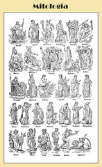 Mythology illustrated table representing the gods and goddesses of ancient Greece and Rome with their Italian names. From an Italian lexicon early '900