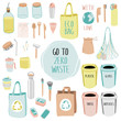 Set of items for zero waste life. Go green. Eco lifestyle. No plastic. Hand drawn elements on white background.Vector. 