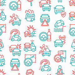 Wall Mural - Car accident seamless pattern with thin line icons: crashed cars, tow truck, drunk driving, safety belt, traffic offense, car insurance, falling in water, warning triangle. Modern vector illustration.