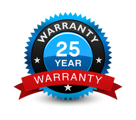 excellent blue colored 25 year warranty seal, badge with red ribbon isolated on white background.