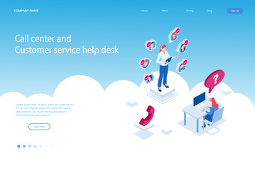 Poster - isometric communication support phone operator, call center and customer service help desk. service 