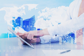 Poster - Man with tablet, global digital network