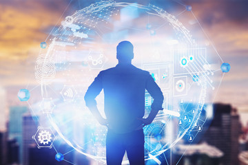 Poster - Businessman in city, global business interface