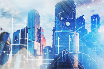 Poster - digital interface over cityscape background