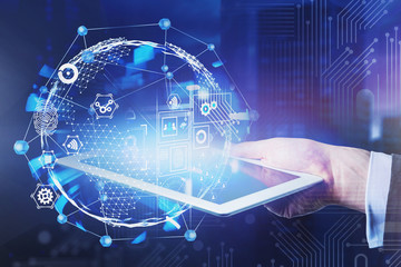 Poster - Hand of man with tablet, global internet interface