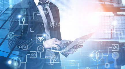 Poster - Man with laptop in city, digital icons