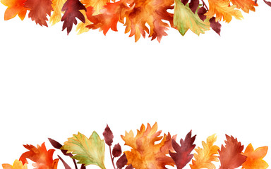 Watercolor hand painted autumn banner frame with different yellow, red, orange and maroon leaves and branches for invitations and greeting cards with the space for text