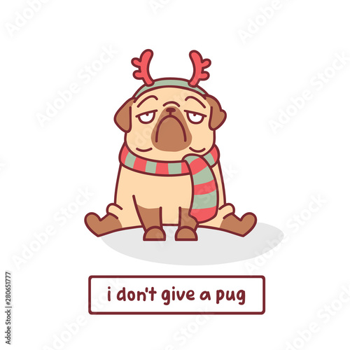 Cuadros en Lienzo cartoon pug dog character in scarf and christmas deer horn vector illustration w