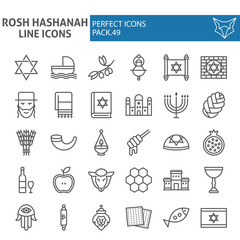 Poster - Rosh Hashanah line icon set, shana tova symbols collection, vector sketches, logo illustrations, israel signs linear pictograms package isolated on white background.