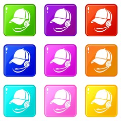 Poster - Male consultant in headphones icons set 9 color collection isolated on white for any design