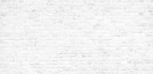 Simple White Brick Wall With Light Gray Shades Seamless Pattern Surface Texture Background In Banner Wide Panorama Format.