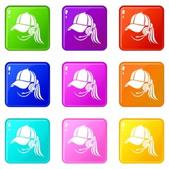 Poster - Woman consultant in headphones icons set 9 color collection isolated on white for any design