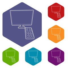 Poster - TV with remote icon. Outline illustration of TV with remote vector icon for web