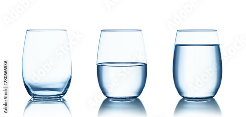 Cuadros en Lienzo Empty,half and full water glasses . Isolated on white