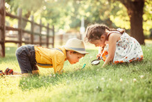 Cute Adorable Caucasian Girl And Boy Looking At Plants Grass In Park Through Magnifying Glass. Children Friends Siblings With Loupe Studying Learning Nature Outside. Child Education Concept.