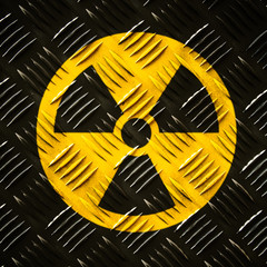 Wall Mural - Radioactive (ionizing radiation) round yellow and black danger symbol painted on a massive steel checker metal diamond plat pattern wall with dark rustic grungy texture background. Square format.