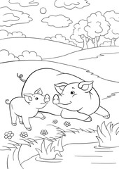 Wall Mural - Coloring pages. Mother pig with her little cute piglet near the pondr the pond.