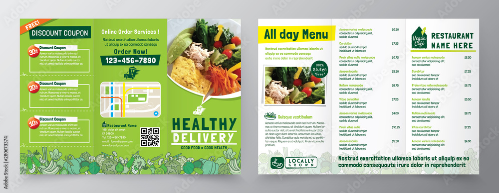 Food Delivery Flyer Pamphlet brochure design vector template in A4 size Tri fold. Healthy Meal, Restaurant menu template - obrazy, fototapety, plakaty 