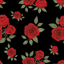 Red Roses Seamless Pattern On Black Background Vector