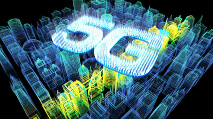 Fototapete - Futuristic holographic 5G digital wireless high speed fifth innovative generation for cellular network connectivity, high speed Internet broadband network