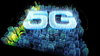 Fototapete - Futuristic holographic 5G digital wireless high speed fifth innovative generation for cellular network connectivity, high speed Internet broadband network