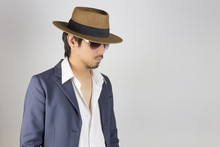 Portrait Man In Navy Blue Suit White Shirt And Hat And Glasses Fashion On Front Side View