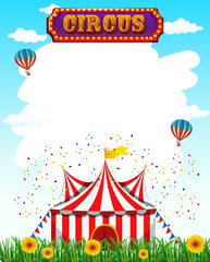 Wall Mural - Circus template with sign, tent, grass and flowers