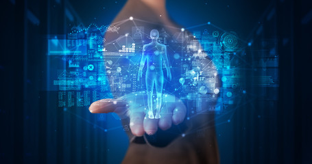 Poster - Young person holding hologram projection displaying health related graphs and symbols