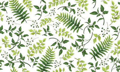 Beautiful pattern seamless of fern, palm, natural branches, green leaves, herbs, hand drawn watercolor style fresh rustic eco. Vector decorative cute elegant illustration isolated white background