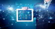 © ra2 studio - Elegant hand holding tablet with virtual database and network concept