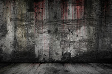 Bloody Background Scary Old Bricks Wall And Floor, Concept Of Horror And Halloween