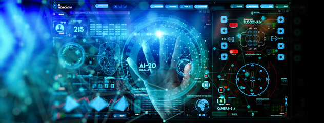 Fototapete - Business hand working with cryptocurrency and Ai conputer interface.