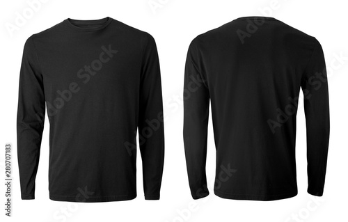 Men\'s long sleeve black t-shirt with front and back views isolated on white