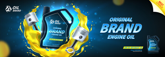 Engine oil advertisement banner. Vector illustration with realistic pistons and canister on bright background with motor oil splashes. 3d ads template.